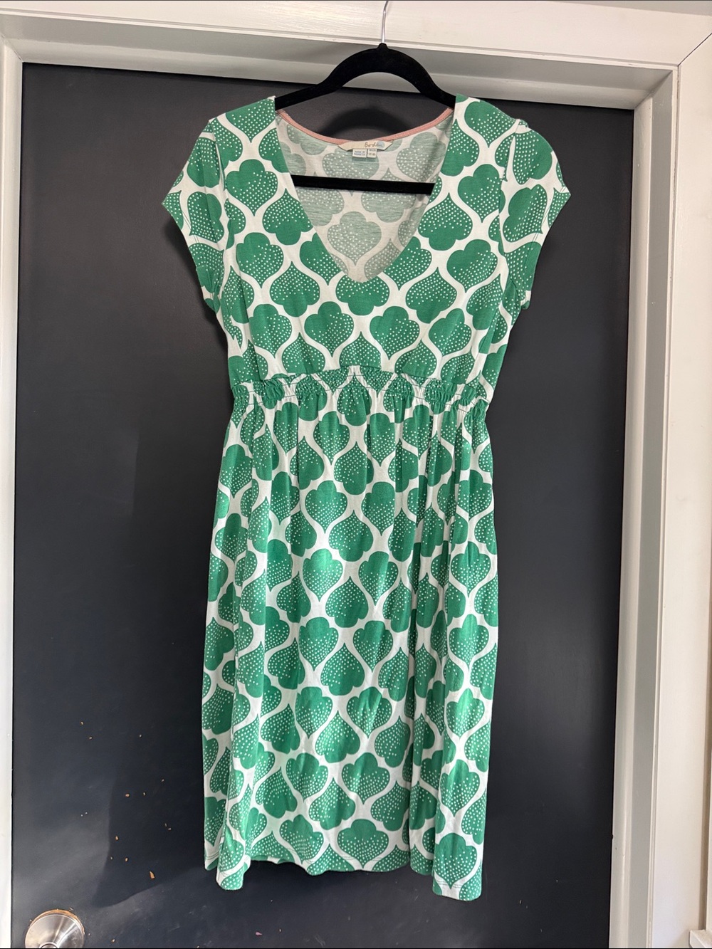 Boden Green and White Patterned V-Neck Elastic-Waist Dress